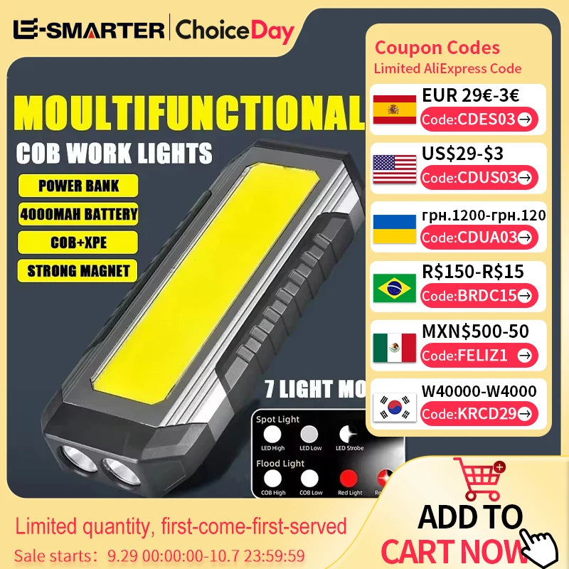 COB LED Work Light - USB Rechargeable Flashlight with Power Bank, Magnetic Waterproof Camping Lantern, 4000mAh