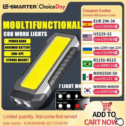 COB LED Work Light - USB Rechargeable Flashlight with Power Bank, Magnetic Waterproof Camping Lantern, 4000mAh
