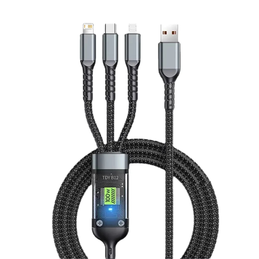 3-in-1 100W 6A Fast Charging Cable — USB to Type-C, Micro, Lightning for iPhone 13–16, Samsung, Xiaomi, Huawei