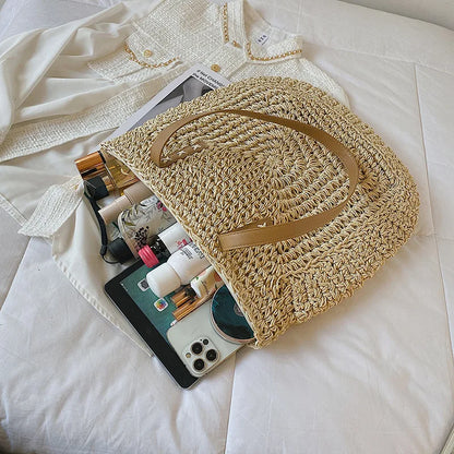 Handmade Woven Straw Beach Bag – Large Capacity Women’s Raffia Shoulder Tote for Summer Travel