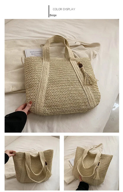 Elegant Straw Woven Handbag – Women’s Retro Beach & Casual Tote Top-Handle Shoulder Bag 2024