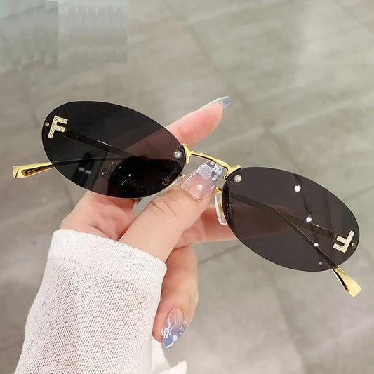 NEW Luxury Brand Quality Sunglasses | Cat Eye Small Sun Glasses for Women | Rimless Eyewear Retro Letter Oval F Sun Glasses UV400