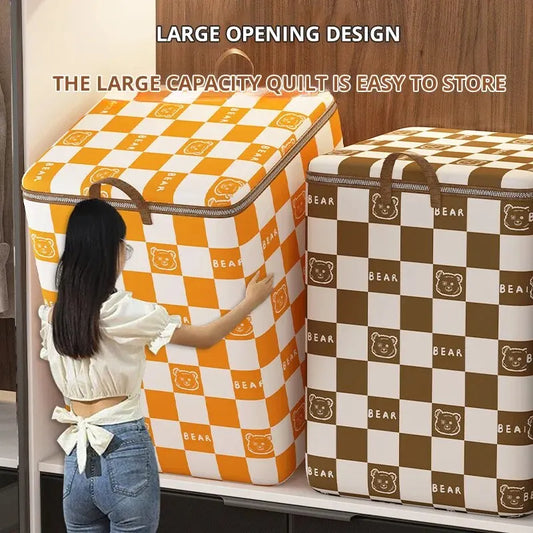 Portable Large Capacity Quilt Storage Bag - Cute Bear Plaid Pattern Clothes Organizer for Home Moving