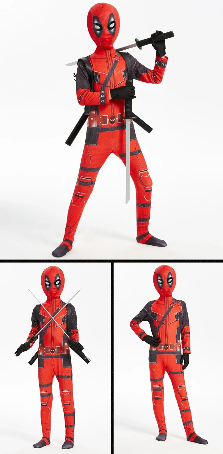 Adult & Kids Deadpool Cosplay Costume – Superhero Jumpsuit with Mask & Swords for Boys