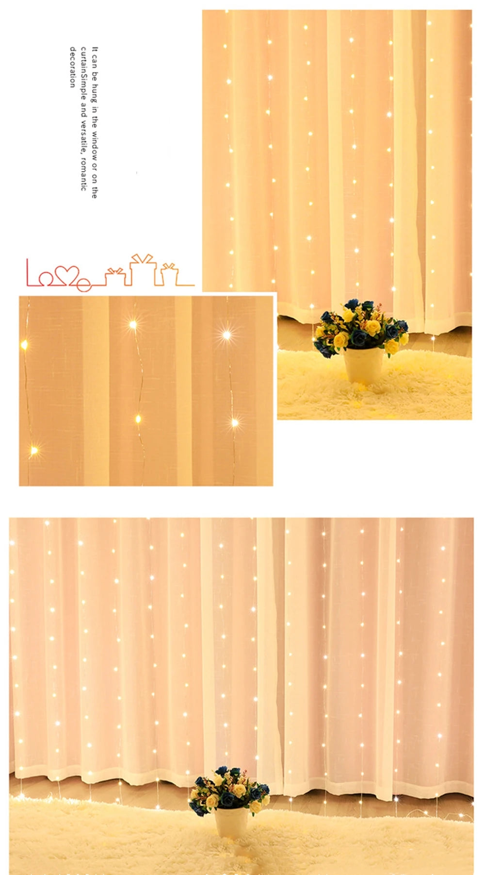 USB LED Curtain String Lights — 3x3/3x2/3x1 Fairy Light Garland for Christmas, Wedding, Home & Bedroom Decoration