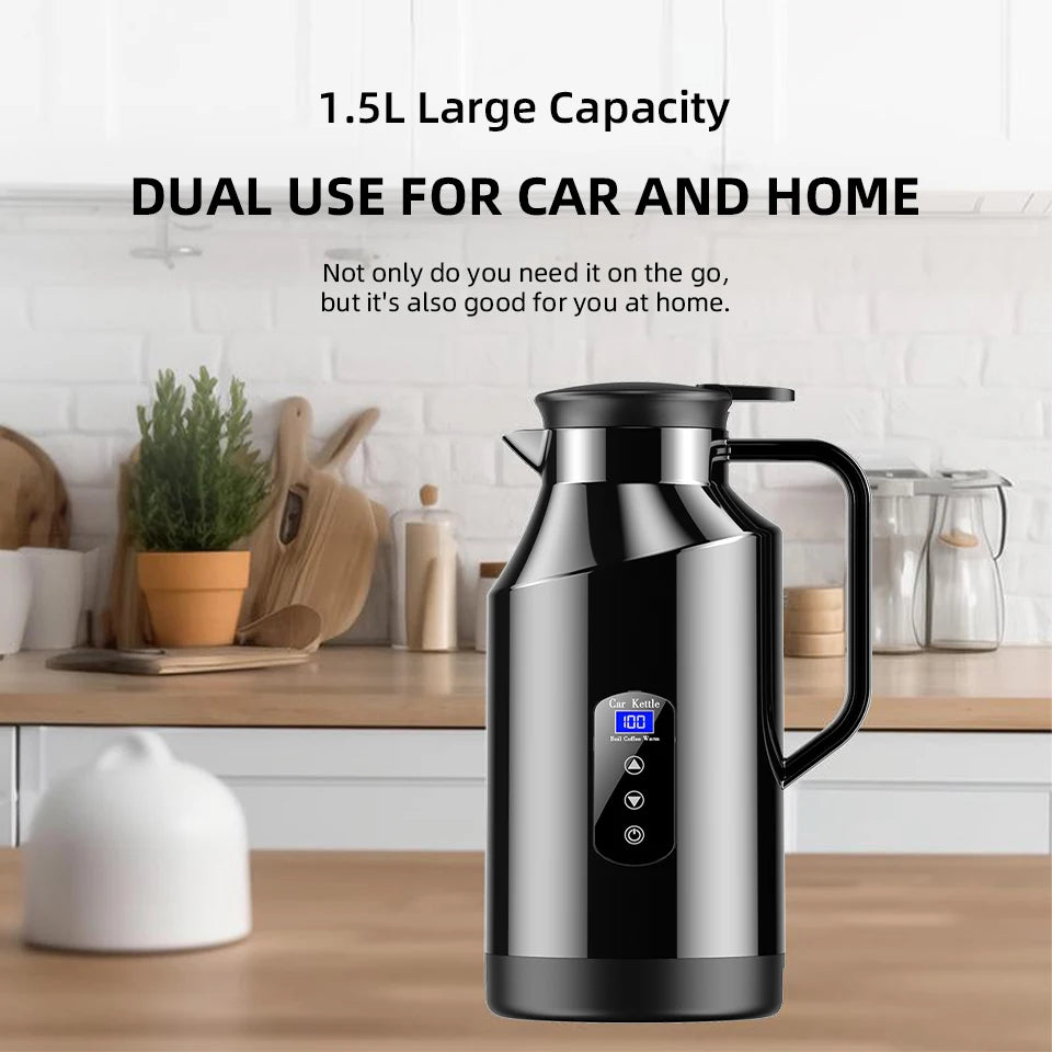 Yangood Portable Car Kettle 1500ML — Large Capacity 304 Stainless Steel Water Heater, 12V/24V for Travel, Tea, and Coffee
