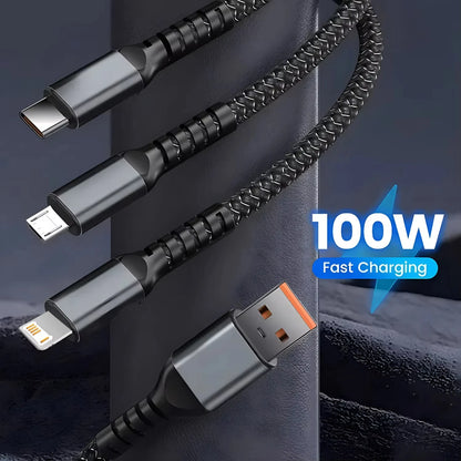 3-in-1 100W 6A Fast Charging Cable — USB to Type-C, Micro, Lightning for iPhone 13–16, Samsung, Xiaomi, Huawei