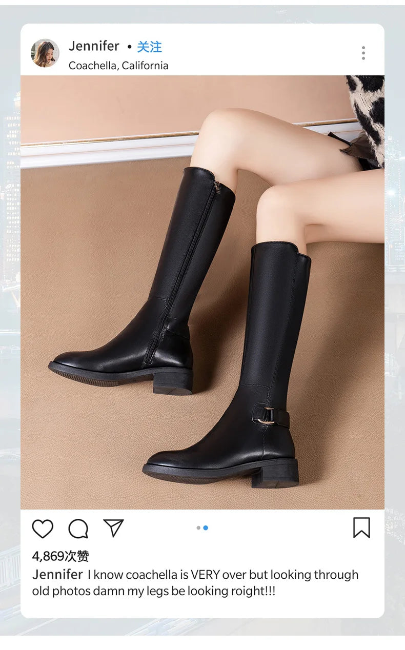 Women’s Black PU Leather Knee-High Boots – Metal Buckle, Fashion Outdoor Long Shoes, Size 34-41