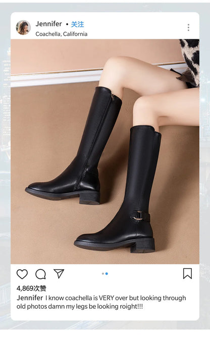 Women’s Black PU Leather Knee-High Boots – Metal Buckle, Fashion Outdoor Long Shoes, Size 34-41