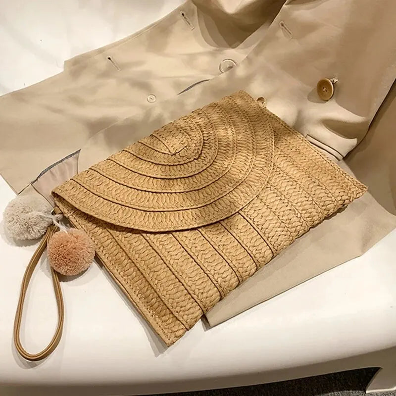 Handmade Straw Beach Bag – Small Woven Summer Shoulder Crossbody Clutch with Hair Ball