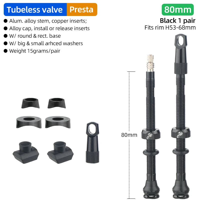 Bicycle Tubeless Presta Valve – Carbon Rim F/V Nipple with Detachable Brass Core & Cap for MTB Tires (40–80mm)