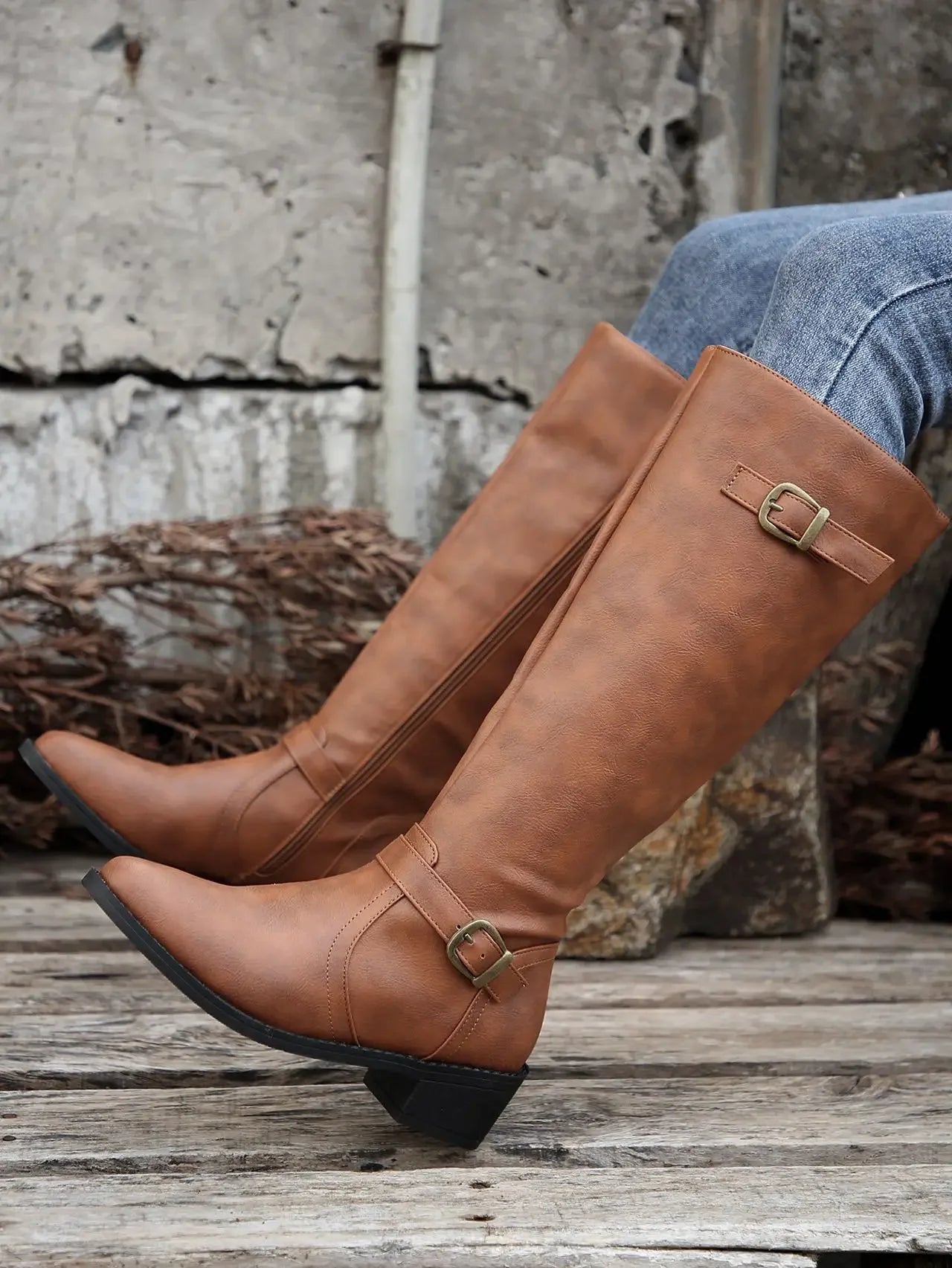 Women’s Winter High-Top Knight Boots – Side Zipper & Belt Buckle, Pointed Toe, PU Material with Cotton Lining