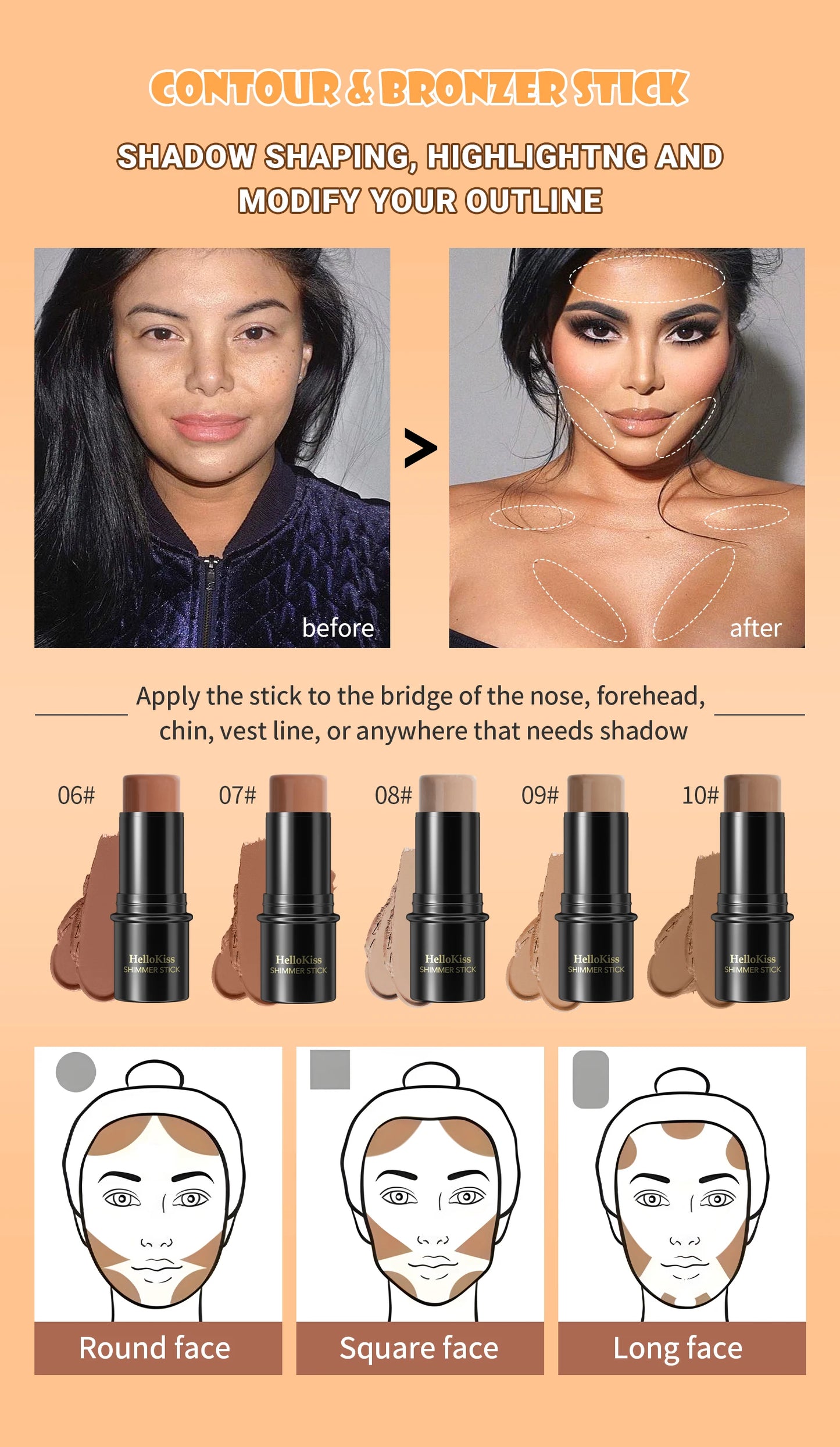 Face Brown Bronzer Contour Stick - Foundation Makeup Pen, Long-Lasting Smooth Contour, Shadow Blusher & Highlight Concealer Cosmetics