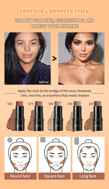 Face Brown Bronzer Contour Stick - Foundation Makeup Pen, Long-Lasting Smooth Contour, Shadow Blusher & Highlight Concealer Cosmetics