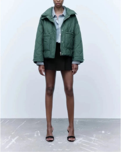 2024 ETJ Quilted Women's Coat – Beige Drawstring High Neck Jacket with Ties & Pockets