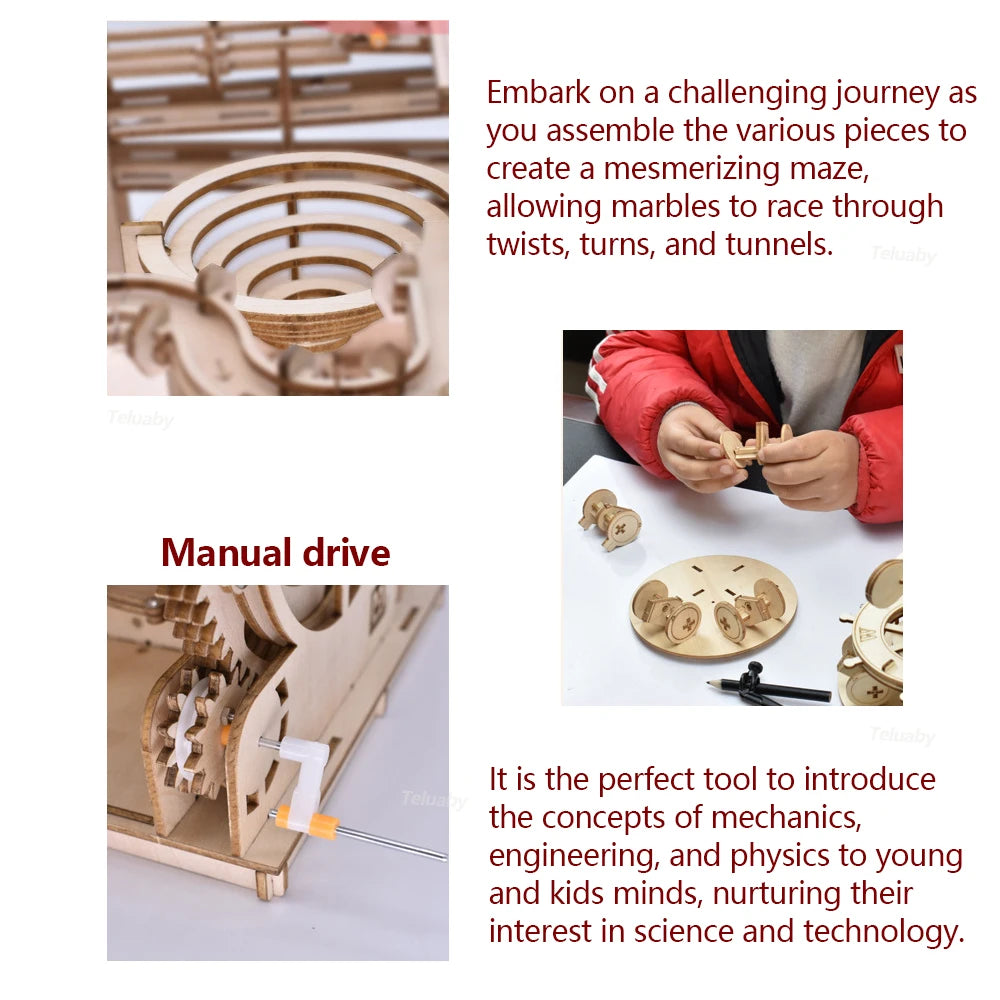 3D Wooden Puzzle DIY Mechanical Model Kit – Marble Run Set with 4 Balls, Assemble Toys for Adults & Kids, Unique Gifts