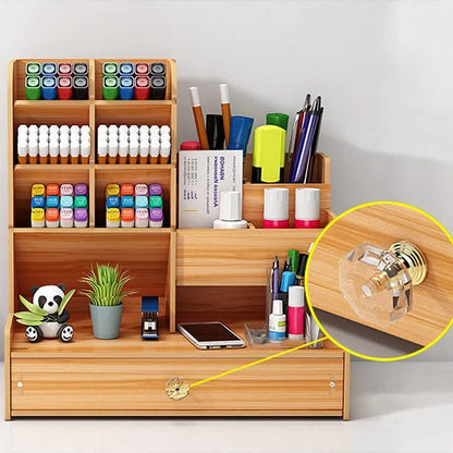 Wooden Desk Organizer DIY, Large Capacity Pen Holder with Drawer, Desktop Tidy and Stationery Storage Box for Home, Office, and School