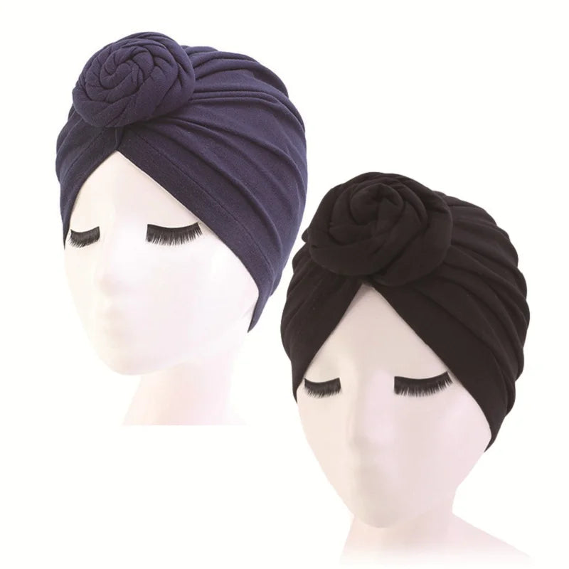 Stylish Headwear Set: 2pcs/lot Cotton Turban Top Knot Flower Decor Headwrap - Muslim Ladies Hair Cover Beanie - Solid Color India Hat for Women