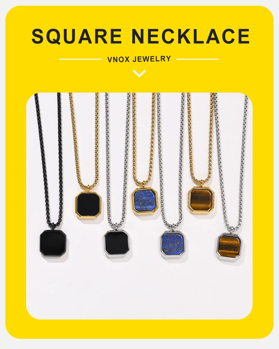 Vnox Stylish Men's Square Natural Stone Necklace - Stainless Steel Geometric Polygon Pendant, Casual Punk Jewelry Gift