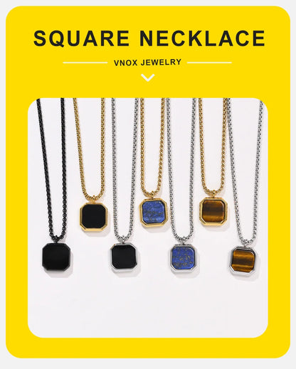 Vnox Stylish Men's Square Natural Stone Necklace - Stainless Steel Geometric Polygon Pendant, Casual Punk Jewelry Gift