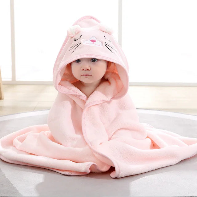 0-3 Years Unisex Baby Bathrobe – Flannel Hooded Cape, Cartoon Design, Newborn Shower Gift, Swaddling Bath Towel for Boys & Girls