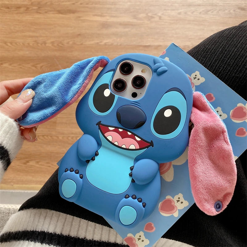3D Stitch Plush Phone Case — Soft Silicone Cartoon Cover with Ear Strap for iPhone 11-16 Pro Max