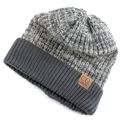 Unisex Two-Tone Winter Beanie Hat - Fur-Lined Knitted Cap for Men and Women, Casual Fashion Warmth