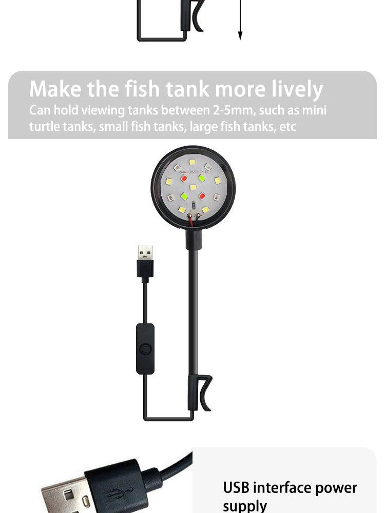 LED Aquarium Light with Adapter – Clip-On Full Spectrum USB Light, 360° Rotating for Fish Tanks