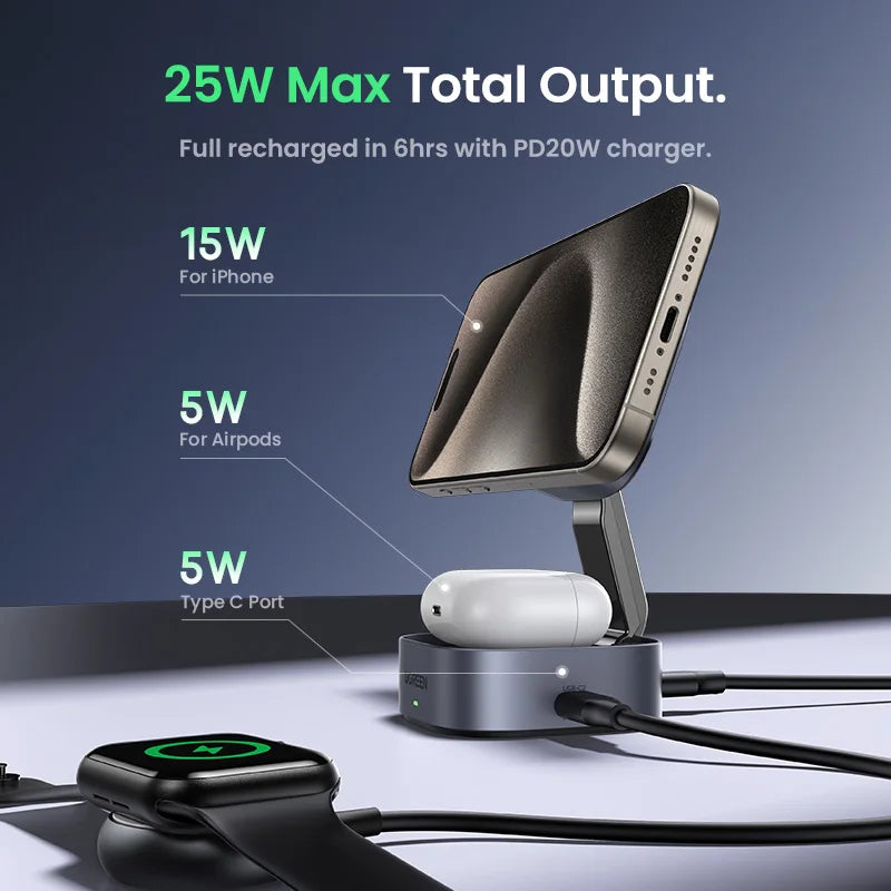 UGREEN Qi2 25W Magnetic Wireless Charger Stand - 2-in-1 Fast Charging Station for iPhone 15/16 Pro Max, AirPods, Compatible with MagSafe
