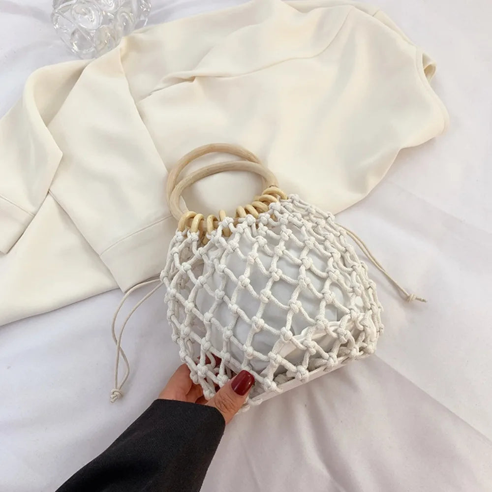 Handmade Woven Straw Handbag – Elegant Bucket Tote Wrist Pack for Women, Travel & Leisure