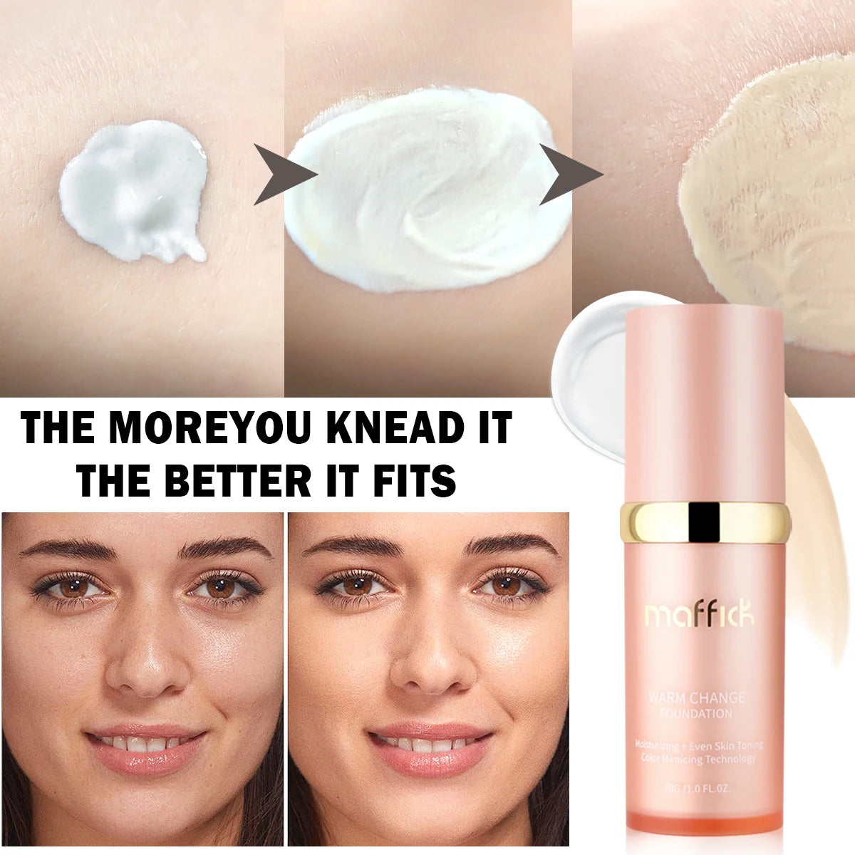 4-in-1 Color Changing Foundation – Moisturizing, SPF 30+ Hydrating, Long-Wearing Waterproof Makeup Base for Travel Coverage