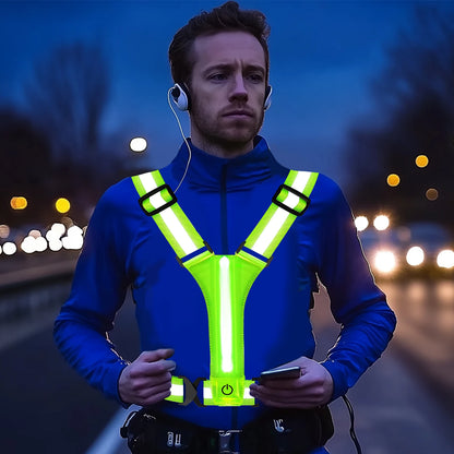 LED Running Vest – USB Rechargeable Reflective Glowing Straps for High Visibility Night Running & Cycling, Elastic Safety Band