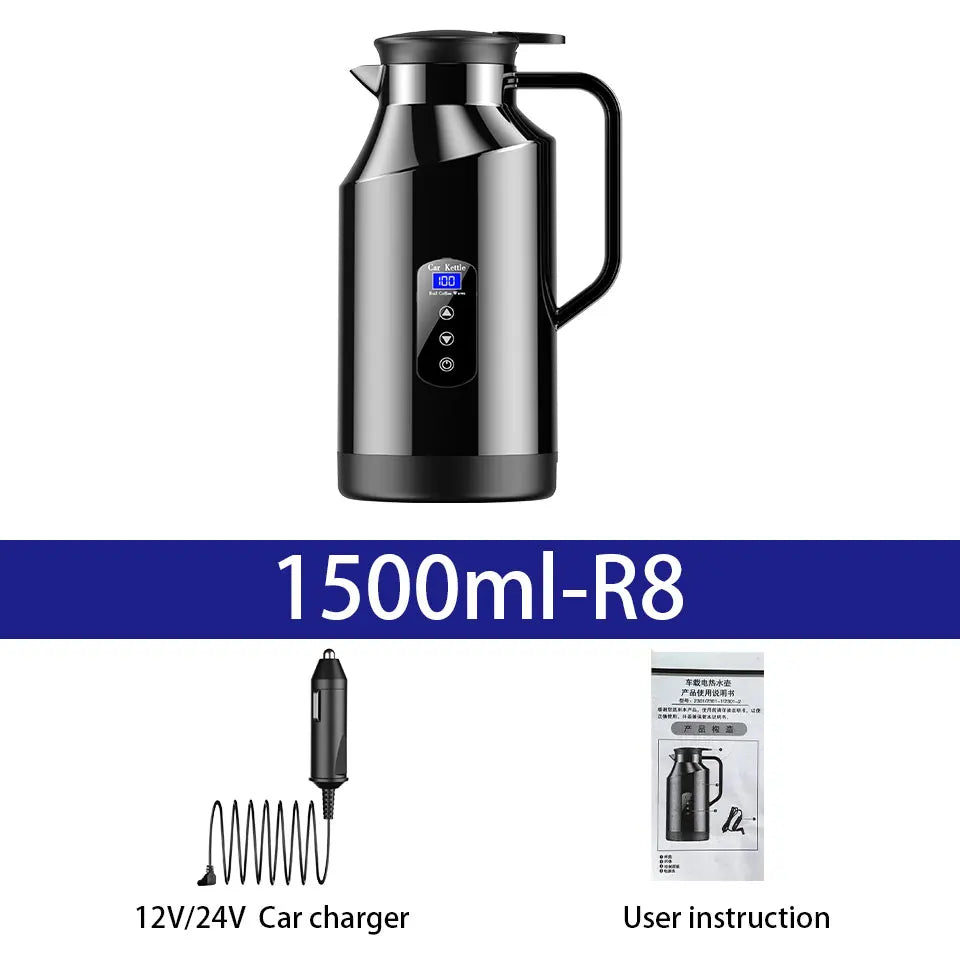 Yangood Portable Car Kettle 1500ML — Large Capacity 304 Stainless Steel Water Heater, 12V/24V for Travel, Tea, and Coffee