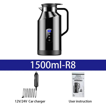 Yangood Portable Car Kettle 1500ML — Large Capacity 304 Stainless Steel Water Heater, 12V/24V for Travel, Tea, and Coffee