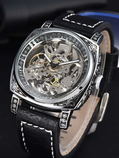 LONGLUX Automatic Mechanical Skeleton Watch – Retro Style Waterproof Leather Men’s Wristwatch, No Logo