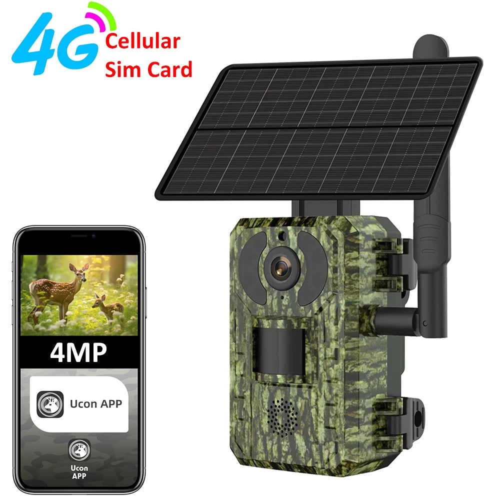 EU 4G 4MP 2K Solar Wildlife Trail Camera – Battery-Powered, PIR Motion-Activated, IP65 Outdoor Night Vision, No Red Light Exposure