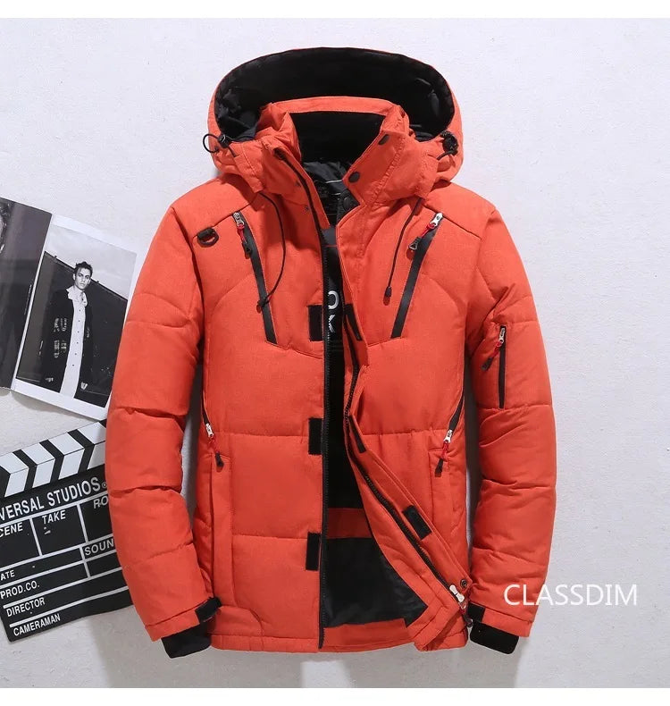Men's Winter Hooded Puffer Jacket – White Duck Down Coat, Windproof & Warm Outdoor Parka, Size 5