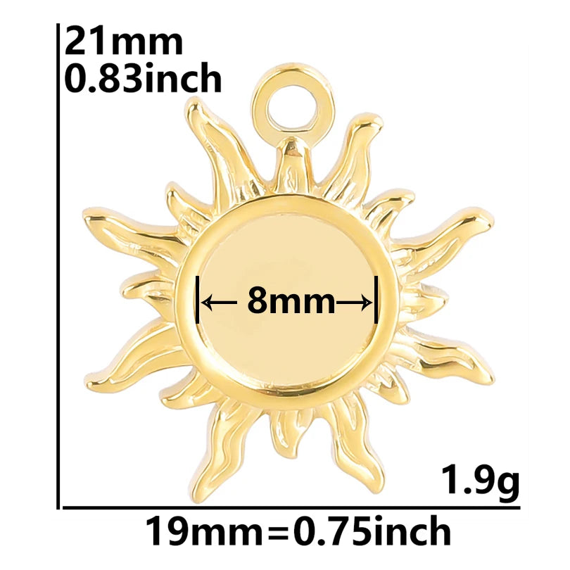 6pcs Real Gold-Plated Sun Charms - Stainless Steel Jewelry Making Pendants, Heart, Moon & Sunshine Design