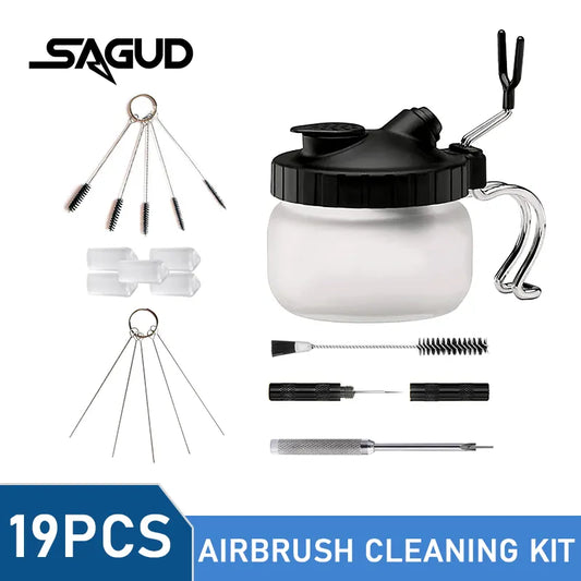 Airbrush Cleaning Kit : Clean Pot Jar with Holder, Brushes/Needles, Double–Ended Brush, & Protection Covers