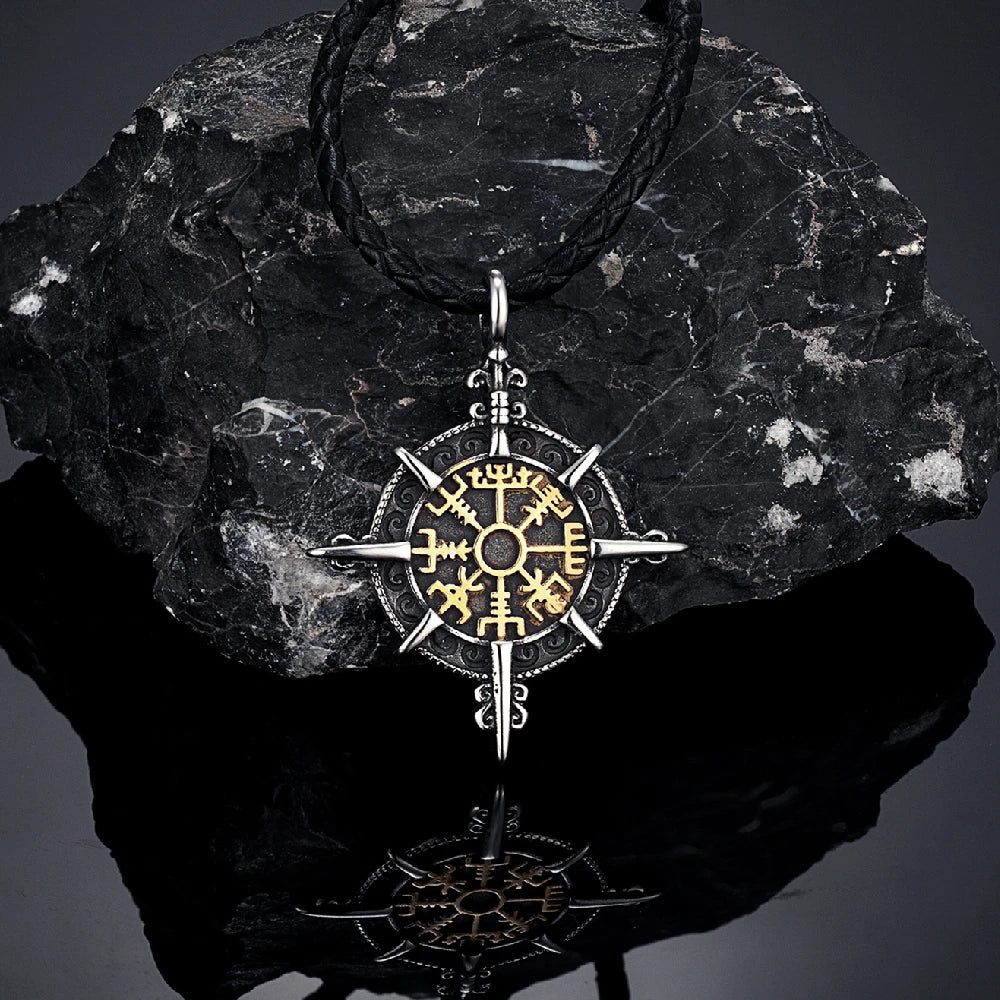 Retro Gold Viking Compass Necklace – Antique Stainless Steel Norse Rune Vegvisir Amulet Pendant for Men