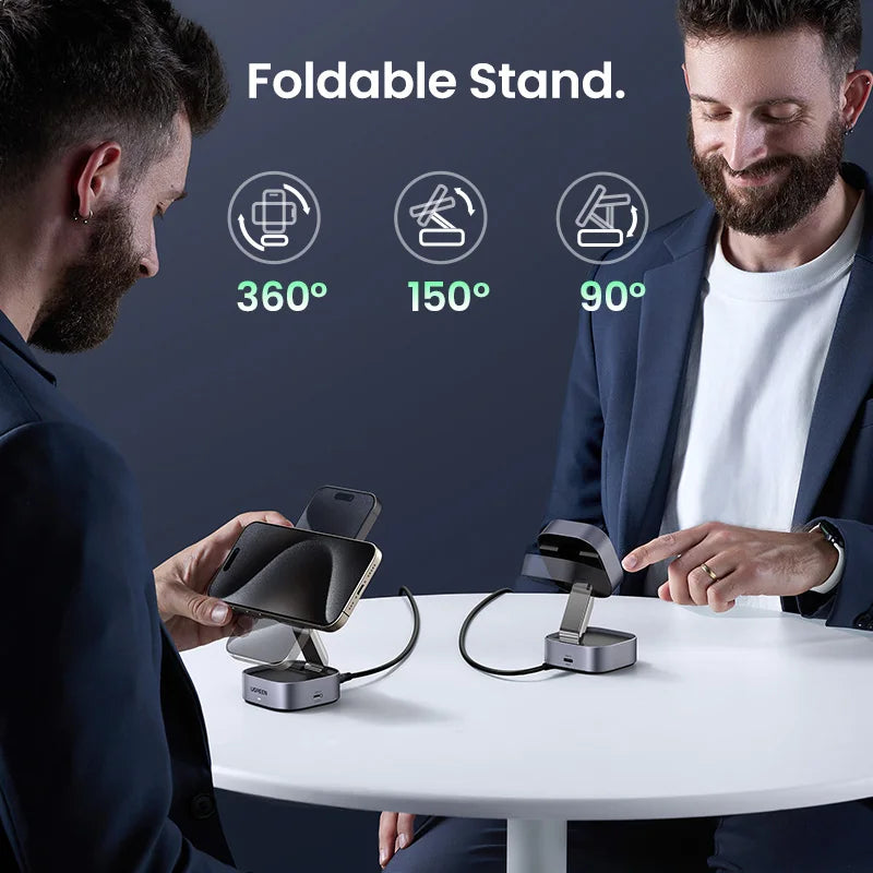 UGREEN Qi2 25W Magnetic Wireless Charger Stand - 2-in-1 Fast Charging Station for iPhone 15/16 Pro Max, AirPods, Compatible with MagSafe