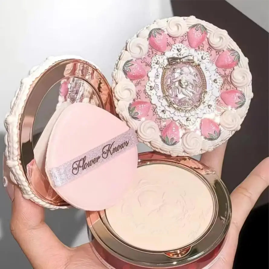 Flower Knows Strawberry Cupid Pressed Powder – Matte Soft Focus Oil-Control Setting Powder for Long-Lasting Finish
