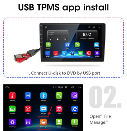 JMCQ USB Android TPMS Tire Pressure Monitoring System – 5 Internal/External Sensors with Display & Alarm for Car Navigation Radio