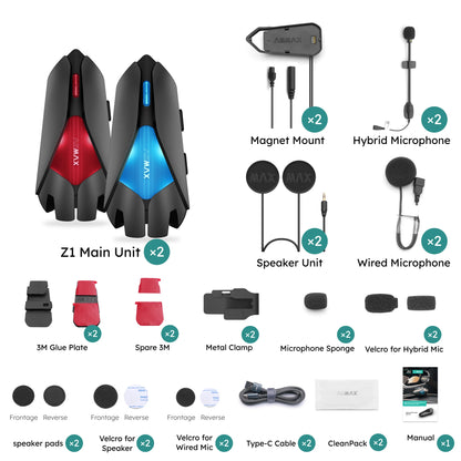 ASMAX Z1 Motorcycle Bluetooth Intercom — IP67 Waterproof Helmet Headset with 2 Chips, 8-Core, HiFi Speakers, ENC & 42-Min Fast Charging