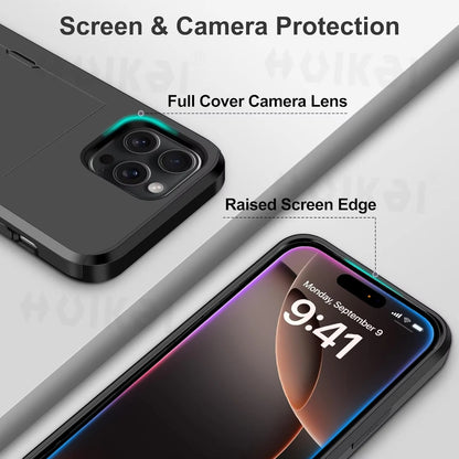 iPhone Case for 16 Pro Max, 15 Plus, 14 Pro Max, 13, 12, 11 – Slim Hard PC Wallet Card Holder with Slide Slot, Heavy Duty Protective Cover