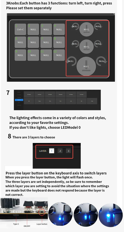Bluetooth 12-Key RGB Macro Keyboard — 3 Knob Mechanical Hotswap Keypad for Photoshop & Gaming