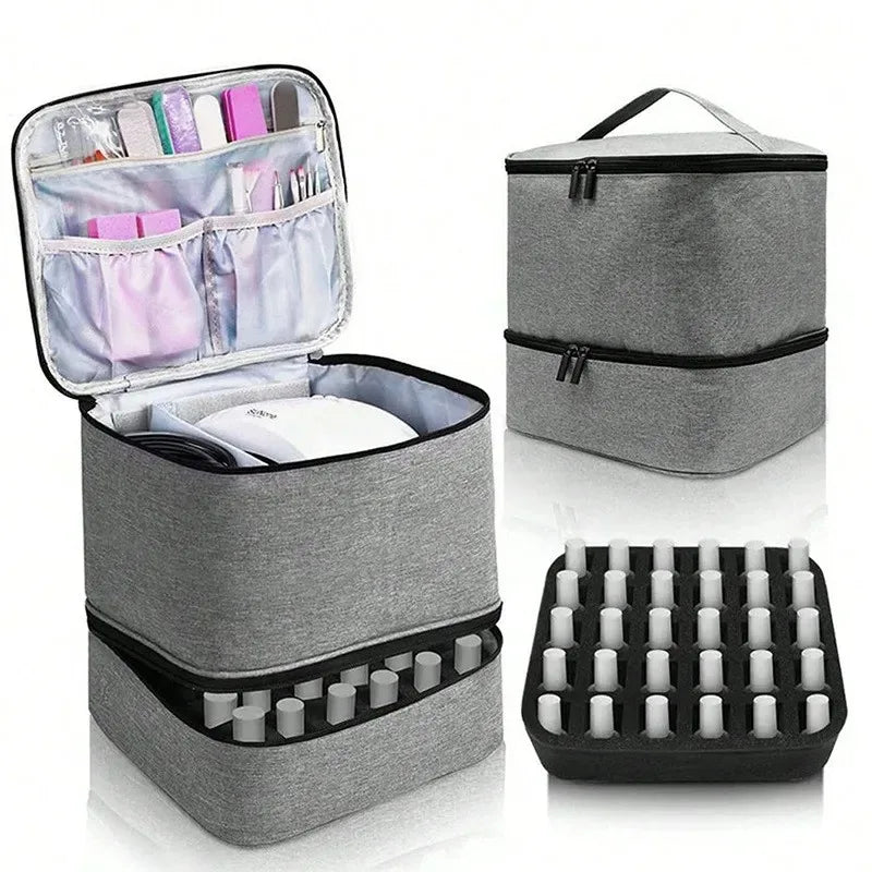 Double-Layer Nail Polish & Essential Oil Storage Bag – Portable Cosmetic and Nail Care Tool Organizer with 30 Compartments
