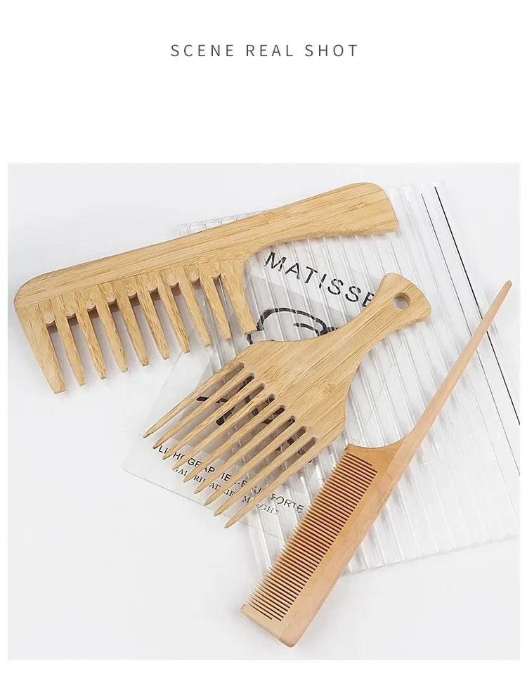 Natural Bamboo Wooden Hair Comb – Anti-Static Afro Fork, Wide Tooth Round Comb & Hair Brush for Women