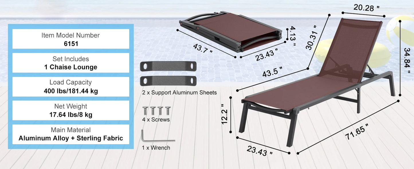 SucceBuy Outdoor Aluminum Chaise Lounge Chair — Folding Patio Pool Recliner, Full Flat Sun Lounger in Dark Grey
