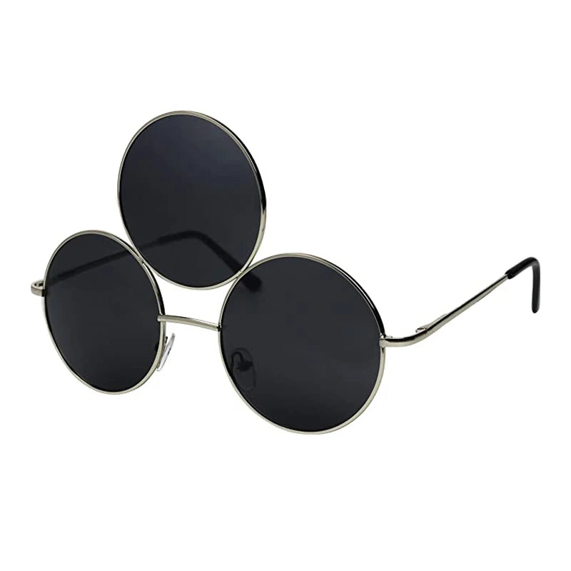 New Third Eye Round Sunglasses: Reflective Mirrored Black Holiday Sun Glasses for Women/Men - UV400 Protection, Three Lenses Eyewear Shades